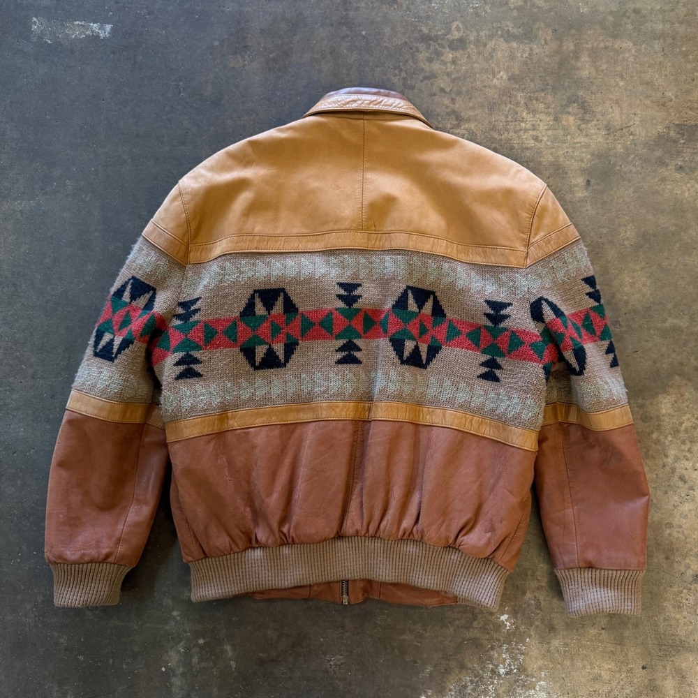 Vintage 90s Adler Southwestern Leather Wool Bomber Jacket Size S Made in Korea - Picture 2 of 5